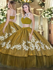 Amazing Tulle High-neck Sleeveless Backless Beading and Appliques Sweet 16 Dresses in Olive Green