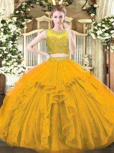 Cheap Two Pieces Quince Ball Gowns Gold Scoop Tulle Sleeveless Floor Length Zipper
