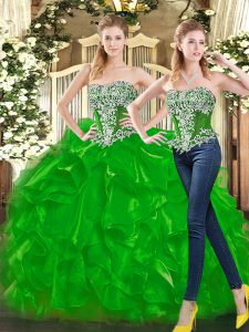 Sweet Green Organza Lace Up Sweetheart Sleeveless Floor Length Quinceanera Dress Beading and Ruffles