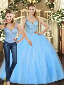 Simple Baby Blue Two Pieces Beading Quince Ball Gowns Lace Up Tulle Sleeveless Floor Length