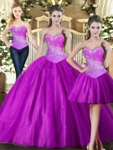 Superior Fuchsia Sleeveless Floor Length Beading Lace Up Vestidos de Quinceanera