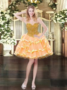  Peach Organza Lace Up Sweetheart Sleeveless Mini Length Homecoming Dress Beading and Ruffled Layers