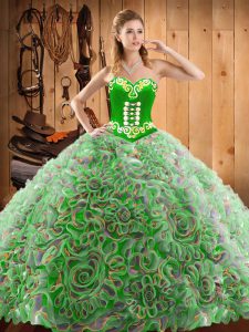 Modern Multi-color Ball Gowns Sweetheart Sleeveless Satin and Fabric With Rolling Flowers With Train Sweep Train Lace Up Embroidery Quince Ball Gowns