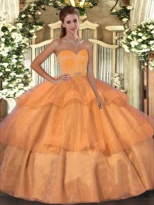 Beautiful Sweetheart Sleeveless Quinceanera Gown Floor Length Beading and Ruffled Layers Orange Organza