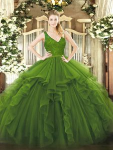 Classical Olive Green Sweet 16 Dress Military Ball and Sweet 16 and Quinceanera with Beading and Lace and Ruffles V-neck Sleeveless Backless