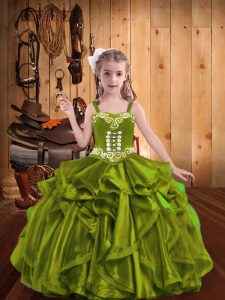 Dramatic Organza Straps Sleeveless Lace Up Embroidery and Ruffles Little Girl Pageant Dress in Olive Green