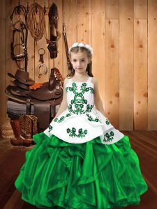  Straps Sleeveless Little Girl Pageant Dress Floor Length Embroidery and Ruffles Dark Green Organza