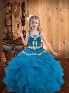  Blue Sleeveless Organza Lace Up Little Girls Pageant Gowns for Party and Sweet 16 and Quinceanera and Wedding Party