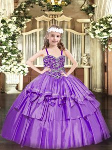  Lavender Organza Lace Up Straps Sleeveless Floor Length Little Girl Pageant Gowns Beading and Ruffled Layers