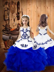 Elegant Royal Blue Sleeveless Embroidery and Ruffles Floor Length Child Pageant Dress