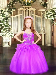 Fashionable Lilac Organza Lace Up Spaghetti Straps Sleeveless Floor Length Little Girls Pageant Dress Beading