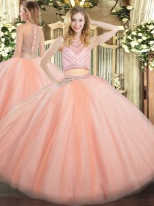 Popular Peach Tulle Zipper Quinceanera Gowns Sleeveless Floor Length Beading