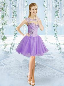  Sleeveless Organza Mini Length Lace Up Prom Evening Gown in Lavender with Beading