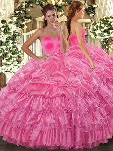 Dazzling Rose Pink Lace Up Quinceanera Gowns Beading and Ruffled Layers Sleeveless Floor Length