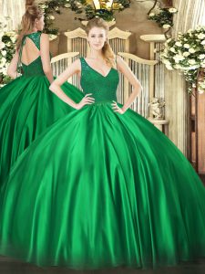 Enchanting Dark Green V-neck Neckline Beading and Lace Quince Ball Gowns Sleeveless Backless