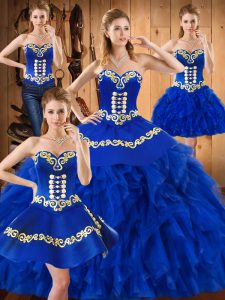 Best Blue Sweetheart Neckline Embroidery and Ruffles Vestidos de Quinceanera Sleeveless Lace Up