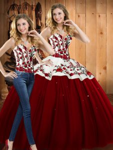  Wine Red Lace Up 15 Quinceanera Dress Embroidery Sleeveless Floor Length