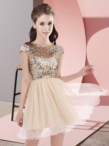 Glittering Mini Length A-line Cap Sleeves Champagne Quinceanera Court of Honor Dress Zipper