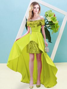 Flare Yellow Empire Elastic Woven Satin and Sequined Off The Shoulder Short Sleeves Beading High Low Lace Up Dress for Prom