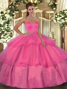  Hot Pink Lace Up Ball Gown Prom Dress Beading and Ruffled Layers Sleeveless Floor Length