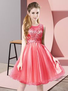  Coral Red Sleeveless Tulle Zipper Prom Evening Gown for Prom and Party