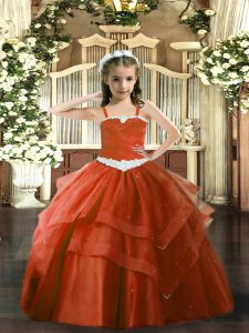  Rust Red Girls Pageant Dresses Party and Quinceanera with Appliques and Ruffled Layers Straps Sleeveless Lace Up