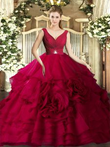 Classical Red Ball Gowns Beading and Ruffles Quinceanera Gowns Backless Organza Sleeveless Floor Length