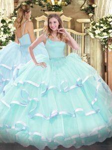 Exceptional Apple Green Straps Neckline Beading and Ruffled Layers 15 Quinceanera Dress Sleeveless Zipper