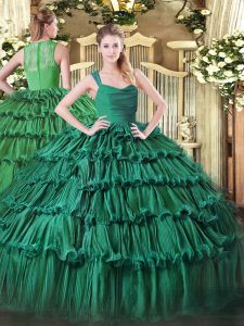 Edgy Dark Green Organza Zipper Ball Gown Prom Dress Sleeveless Floor Length Ruffled Layers