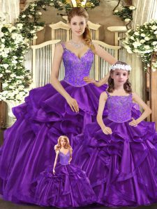  Ball Gowns Quinceanera Dress Purple Straps Organza Sleeveless Floor Length Lace Up