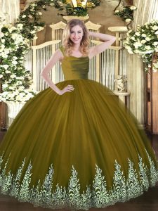 Best Olive Green Tulle Zipper 15th Birthday Dress Sleeveless Floor Length Beading and Appliques