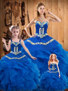 Glamorous Blue Lace Up Sweetheart Embroidery Ball Gown Prom Dress Tulle Sleeveless