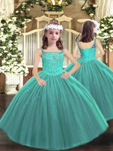  Ball Gowns Little Girl Pageant Gowns Teal Straps Tulle Sleeveless Floor Length Lace Up