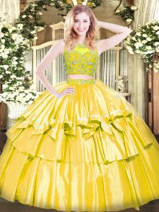  Floor Length Yellow Sweet 16 Quinceanera Dress Tulle Sleeveless Beading and Ruffled Layers