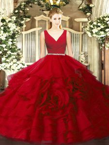 Super Floor Length Zipper 15 Quinceanera Dress Wine Red for Military Ball and Sweet 16 and Quinceanera with Beading