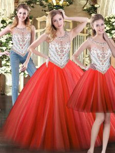  Coral Red Ball Gowns Tulle Scoop Sleeveless Beading Floor Length Zipper Quinceanera Gown