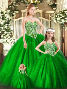 Superior Sweetheart Sleeveless Lace Up Vestidos de Quinceanera Green Tulle