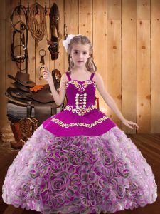  Sleeveless Fabric With Rolling Flowers Floor Length Lace Up Kids Formal Wear in Multi-color with Embroidery and Ruffles