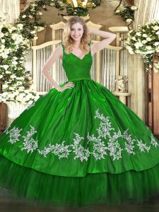  Green Quince Ball Gowns Military Ball and Sweet 16 and Quinceanera with Beading and Lace and Appliques Straps Sleeveless Backless
