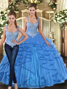 Sexy Floor Length Lace Up Sweet 16 Dress Baby Blue for Military Ball and Sweet 16 and Quinceanera with Beading and Ruffles