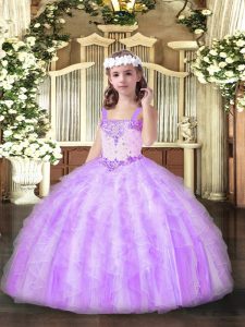  Lilac Straps Lace Up Beading and Ruffles Girls Pageant Dresses Sleeveless