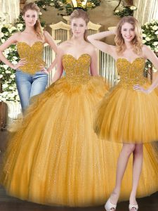 Excellent Gold Tulle Lace Up Sweetheart Sleeveless Floor Length Vestidos de Quinceanera Beading and Ruffles