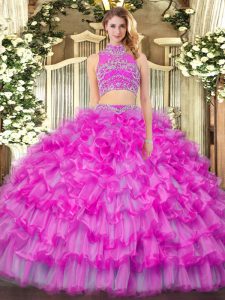 Sumptuous Floor Length Backless Sweet 16 Quinceanera Dress Lilac for Military Ball and Sweet 16 and Quinceanera with Beading and Ruffled Layers