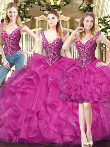  Fuchsia V-neck Lace Up Beading and Ruffles Sweet 16 Dress Sleeveless