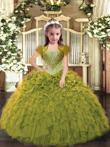Latest Olive Green Ball Gowns Organza Straps Sleeveless Beading and Ruffles Floor Length Lace Up Child Pageant Dress