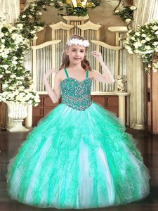 Cheap Floor Length Apple Green Little Girl Pageant Gowns Organza Sleeveless Beading and Ruffles