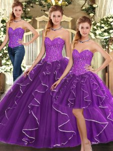 Discount Beading and Ruffles Ball Gown Prom Dress Eggplant Purple Lace Up Sleeveless Floor Length