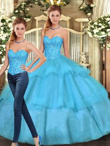 Wonderful Aqua Blue Lace Up Sweet 16 Dresses Ruffled Layers Sleeveless Floor Length