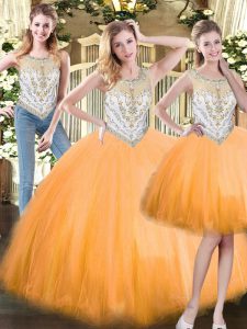 High Quality Tulle Scoop Sleeveless Zipper Beading Ball Gown Prom Dress in Orange Red
