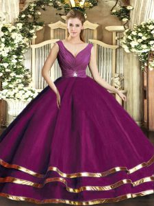 Clearance V-neck Sleeveless 15th Birthday Dress Floor Length Beading and Ruffled Layers and Ruching Fuchsia Tulle